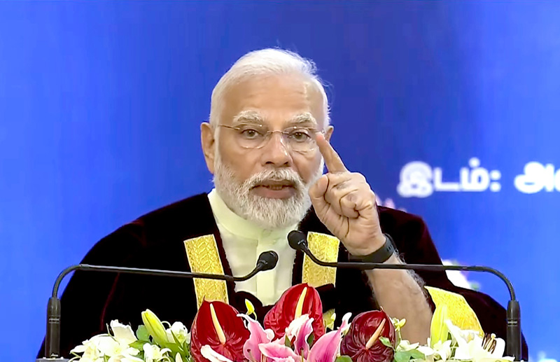 Prime Minister Narendra Modi addressing at the 42nd Convocation of Anna University in Chennai on Friday. (UNI) Prime Minister Narendra Modi addressing at the 42nd Convocation of Anna University in Chennai on Friday. (UNI)
