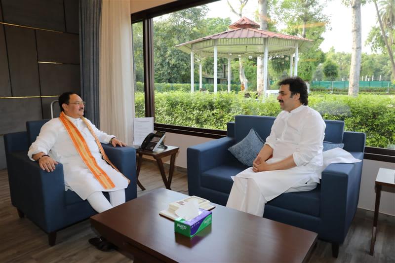 Haryana MLA Kuldeep Bishnoi with BJP chief JP Nadda in New Delhi on Sunday. Haryana MLA Kuldeep Bishnoi with BJP chief JP Nadda in New Delhi on Sunday.