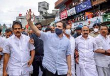 Congress leader Rahul Gandhi with party leader K.C. Venugopal and others in Wayanad on Saturday.