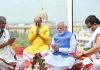 Prime Minister Narendra Modi worships at the unveiling ceremony of the National Emblem at New Parliament Building, in New Delhi on Monday. (UNI)