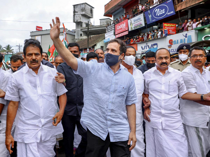 Congress leader Rahul Gandhi with party leader K.C. Venugopal and others in Wayanad on Saturday.