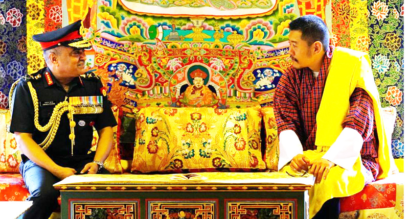 Chief of Army Staff Gen Manoj Pande holding a meeting with Bhutanese King Jigme Khesar Namgyel Wangchuck in Thimphu on Sunday. Chief of Army Staff Gen Manoj Pande holding a meeting with Bhutanese King Jigme Khesar Namgyel Wangchuck in Thimphu on Sunday.