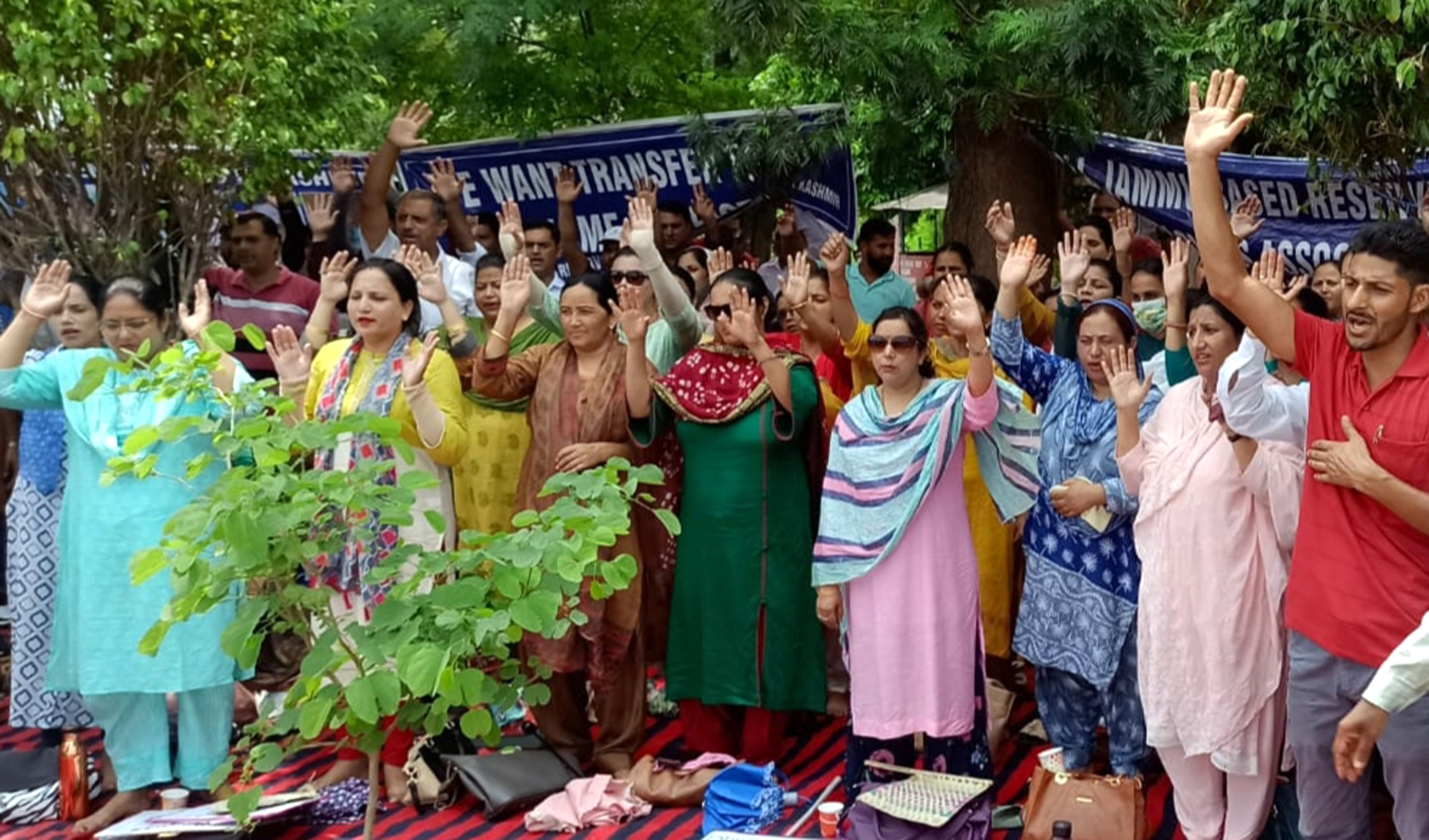 Reserved category employees staging protest in Jammu on Monday. Reserved category employees staging protest in Jammu on Monday.