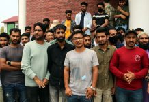 Students protesting in Srinagar on Monday. -Excelsior/Shakeel