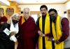 CEC Leh Tashi Gyalson, DC Leh Shrikant Suse and LBA president Thupstan Chhewang posing with Dalai Lama at Photang Geyphel-ling in Leh.