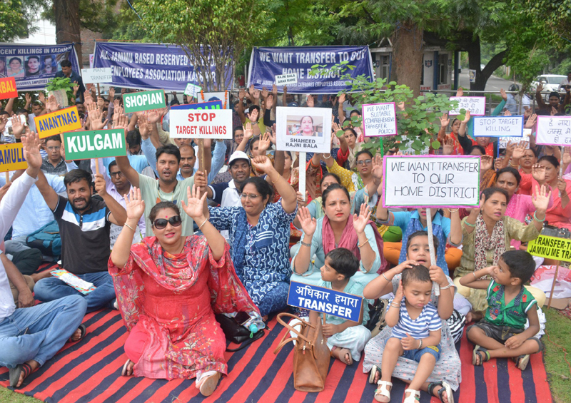 Reserved category employees posted in Kashmir staging protest demonstration in Jammu on Wednesday. -Excelsior/ Rakesh Reserved category employees posted in Kashmir staging protest demonstration in Jammu on Wednesday. -Excelsior/ Rakesh