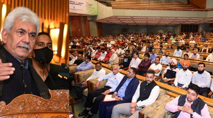 Lieutenant Governor Manoj Sinha addressing a function at SKICC, Srinagar on Saturday.
