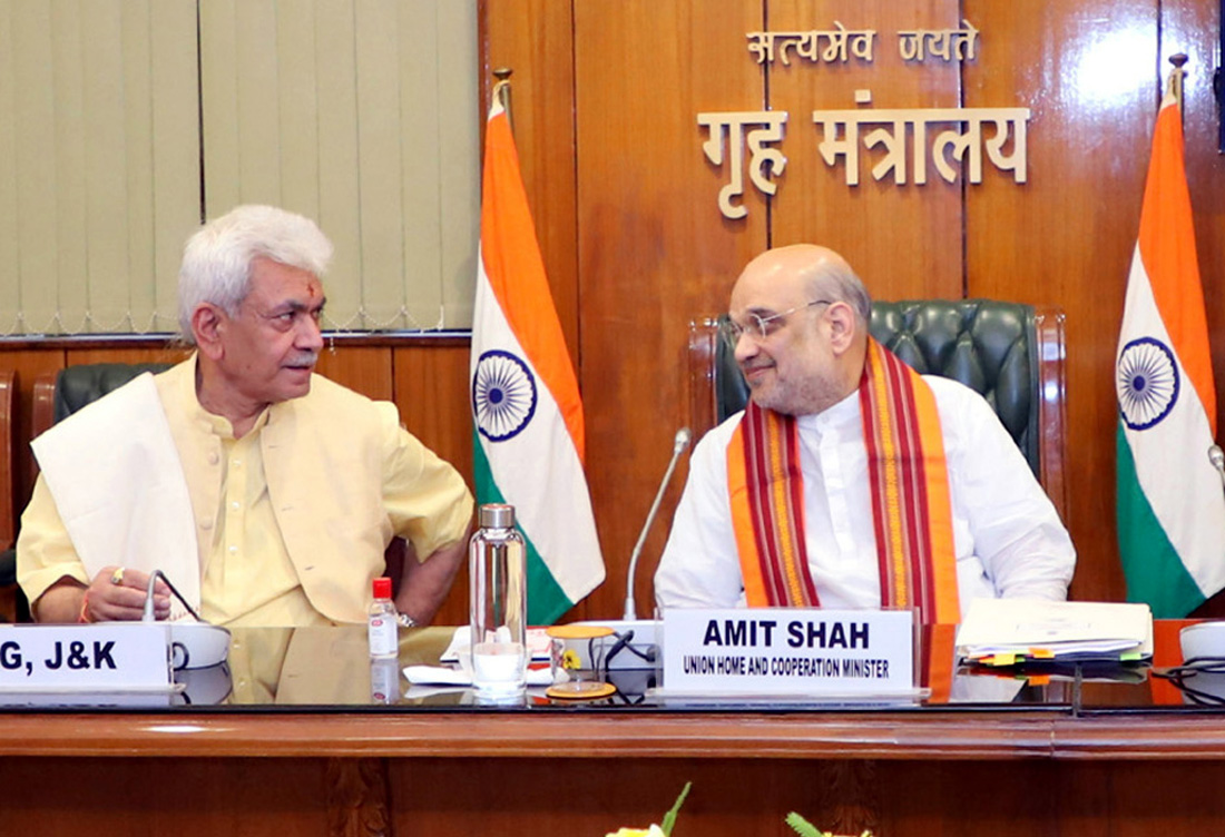 Union Home Minister Amit Shah and LG Manoj Sinha at a security review meeting on J&K in New Delhi on Thursday. Union Home Minister Amit Shah and LG Manoj Sinha at a security review meeting on J&K in New Delhi on Thursday.