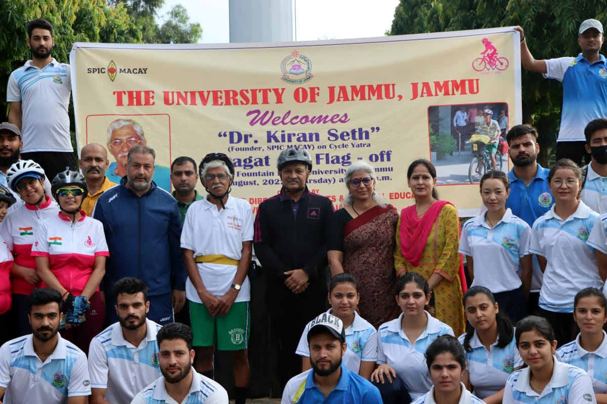 Founder of SPIC MACAY J&K Dr Kiran Seth along with other dignitaries and students during flag-off ceremony of sAntt Yatra at JU. Founder of SPIC MACAY J&K Dr Kiran Seth along with other dignitaries and students during flag-off ceremony of sAntt Yatra at JU.