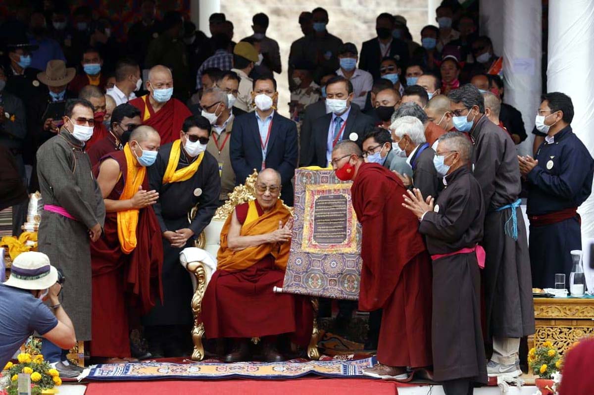 Dalai Lama receiving 6th Ladakh dPal rNgam Duston Award in Leh on Friday.