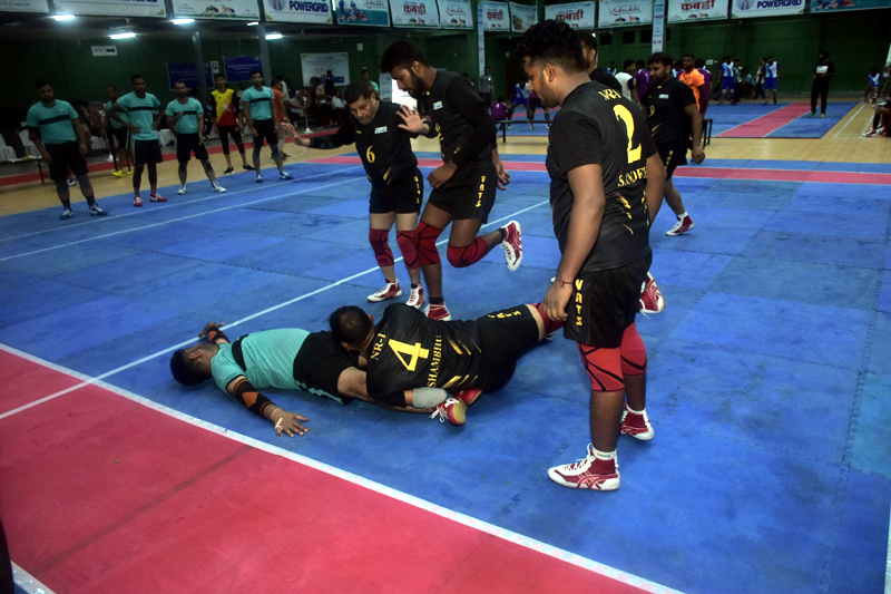 Players in action during an inter-regional match of Kabaddi at University of Jammu on Friday. Players in action during an inter-regional match of Kabaddi at University of Jammu on Friday.