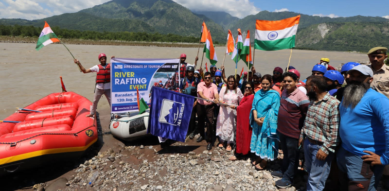 DC Reasi, Babila Rakwal flagging off rafters on the bank of Chenab in Reasi on Saturday. DC Reasi, Babila Rakwal flagging off rafters on the bank of Chenab in Reasi on Saturday.