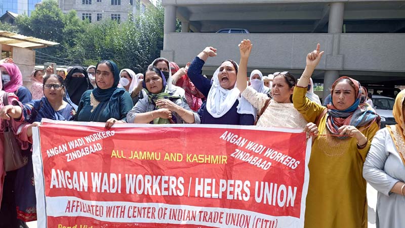 Anganwadi workers during a protest in Srinagar on Monday. - Excelsior / Shakeel Anganwadi workers during a protest in Srinagar on Monday. - Excelsior / Shakeel