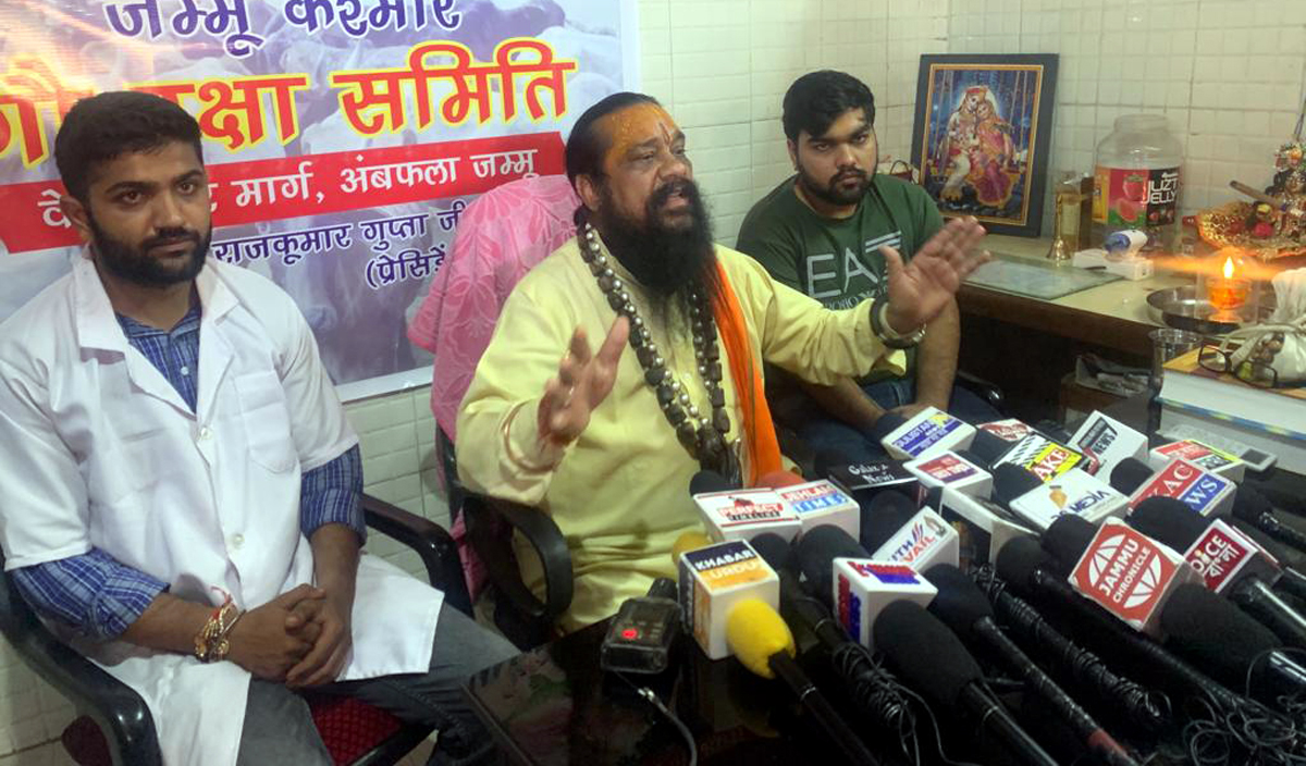 J&K Gau Raksha Samiti president Raj Kumar Gupta addressing a press conference at Jammu. J&K Gau Raksha Samiti president Raj Kumar Gupta addressing a press conference at Jammu.