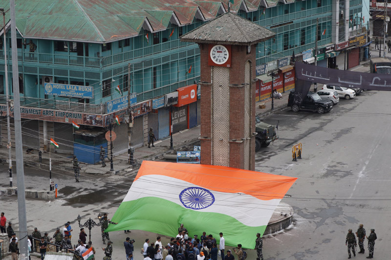 A 750 sq ft national flag which traveled from Sikkim to Antarctica displayed at Lal Chowk in Srinagar. -Excelsior/Shakeel