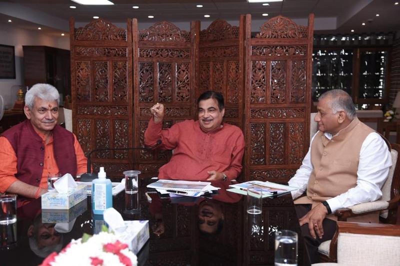 Union Ministers Nitin Gadkari and Gen (Retd) VK Singh and LG Manoj Sinha at MoU signing ceremony for IMS Katra in New Delhi on Tuesday. Union Ministers Nitin Gadkari and Gen (Retd) VK Singh and LG Manoj Sinha at MoU signing ceremony for IMS Katra in New Delhi on Tuesday.