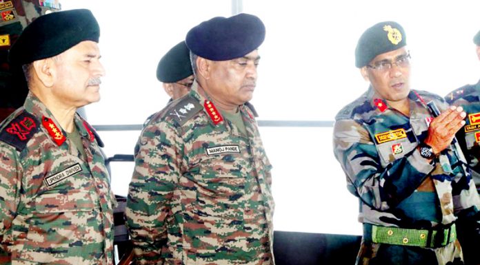 Army chief General Manoj Pande during visit to a forward area in Rajouri district on Saturday.