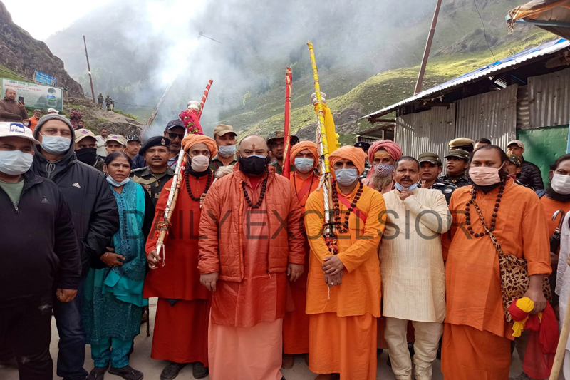Holy mace led by Mahant Deependra Giri Ji Maharaj and Sadhus on way to Sheshnag from Chandanwari on Wednesday.