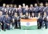 Team India celebrate winning the silver medal in Badminton team event.