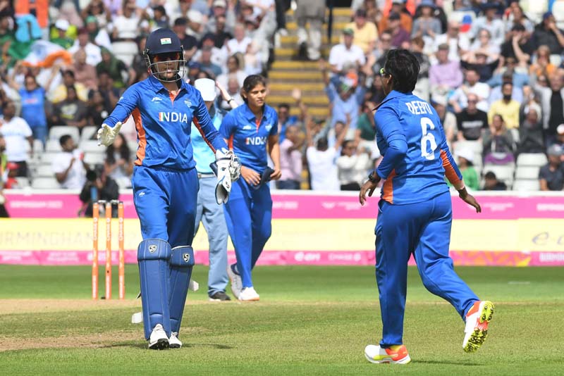 India Women cricketers clelebrating their victory over Pakistan at the 5th T20 Commonwealth Games Womens Cricket Competition 2022, at Edgbaston Birmingham. India won the match by 8 wickets. (UNI)