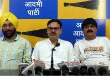 AAP leaders addressing a press conference at Jammu on Sunday.