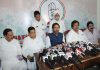 JKPCC president G A Mir, flanked by Raman Bhalla and others at a press conference in Jammu. —Excelsior/Rakesh