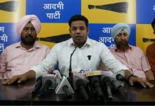 AAP Jammu Province Incharge Gaurav Sharma addressing a press conference at Jammu on Tuesday.