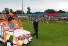 Advisor R R Bhatnagar inspecting Independence Day Parade at M A Stadium Jammu.