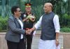 Defence Minister Rajnath Singh welcoming Tanzanian Defence Minister Stergomena Lawrence Tax at Sushma Swaraj Bhawan in New Delhi on Friday. (UNI)