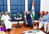 Lok Sabha speaker Om Birla meeting Vice President of India M Venkaiah Naidu and the newly elected Vice President Jagdeep Dhankhar, in New Delhi on Tuesday. (UNI)
