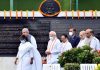 President Droupadi Murmu with Vice President Jagdeep Dhankhar, Prime Minister Narendra Modi, Home Minister Amit Shah, Defence Minister Rajnath Singh and BJP President J P Nadda arrives to pay tribute to former Prime Minister Atal Bihari Vajpayee on his death anniversary at his memorial Sadaiv Atal, in New Delhi on Tuesday. (UNI)