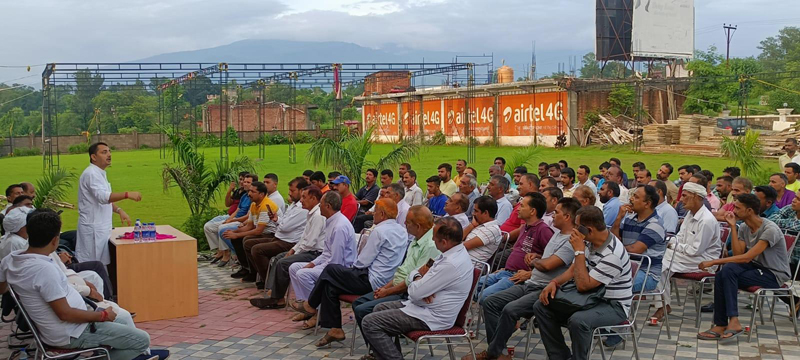 R S Pathania addressing BJP workers at Ramnagar on Sunday. R S Pathania addressing BJP workers at Ramnagar on Sunday.