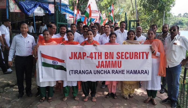 Personnel of JKAP 4th Security Bn along with others during a march alongside Mansar Lake. Personnel of JKAP 4th Security Bn along with others during a march alongside Mansar Lake.