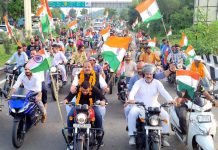 BJP senior leader, Devender Rana leading Tiranga rally in Jammu on Wednesday. -