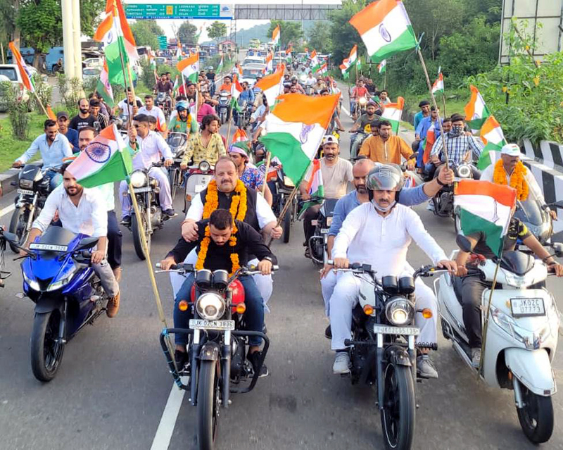 BJP senior leader, Devender Rana leading Tiranga rally in Jammu on Wednesday. - BJP senior leader, Devender Rana leading Tiranga rally in Jammu on Wednesday. -