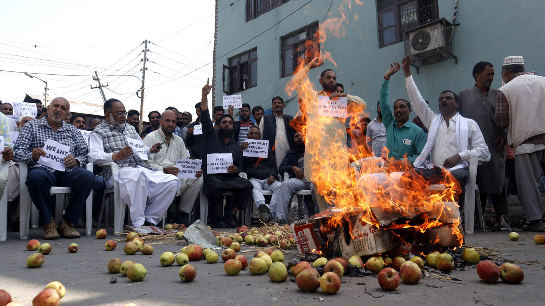 Fruit growers and traders staging protest at Parimpora Fruit Mandi on Srinagar-Jammu National Highway. -Excelsior/Shakeel