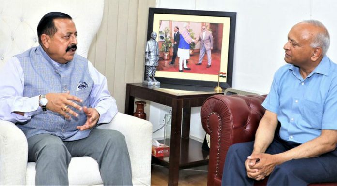 Lt Governor Ladakh R K Mathur calling on Union Minister Dr Jitendra Singh at New Delhi on Saturday.