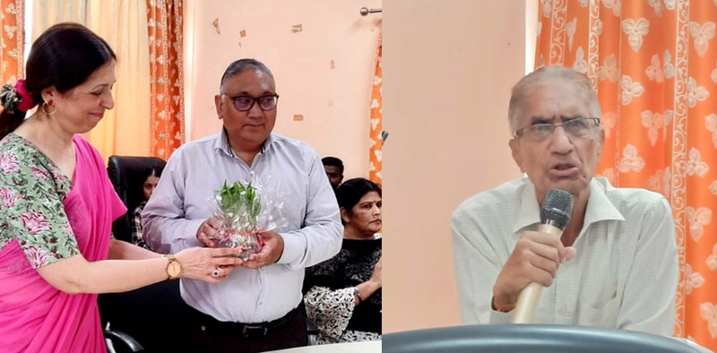 A dignitary being awarded with memento (L) and a speaker delivering lecture on Hindi (R) at Cluster University Jammu on Tuesday. A dignitary being awarded with memento (L) and a speaker delivering lecture on Hindi (R) at Cluster University Jammu on Tuesday.
