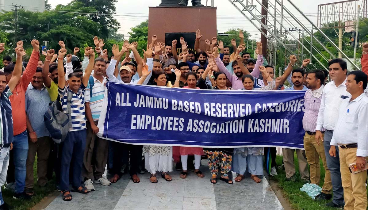 Reserved category employees posted in Kashmir, staging protest in Jammu on Saturday.