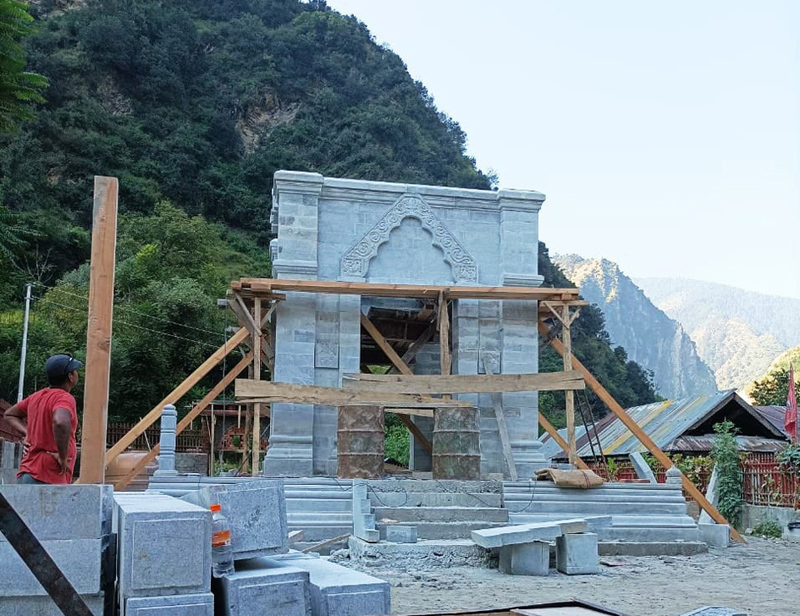 Temple to serve base camp for Sharda Peeth pilgrimage under construction in Teetwal area of Kashmir.