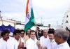 Tamil Nadu Chief Minister M K Stalin presenting the national flag to Congress leader Rahul Gandhi during ‘Bharat Jodo Yatra’ in Kanyakumari on Wednesday. (UNI)