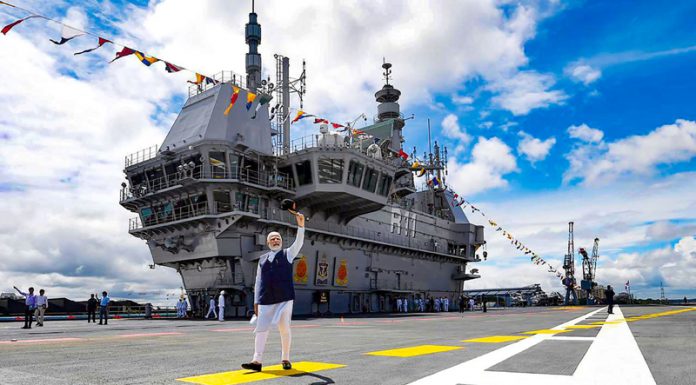 Prime Minister Narendra Modi at the commissioning ceremony of Indian Navy's indigenous aircraft carrier Vikrant in Kochi on Friday. (UNI)