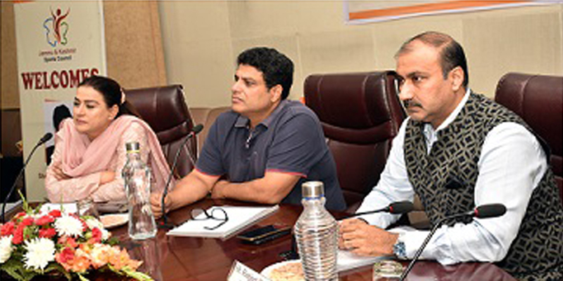 Secretary YS&S addressing a meeting of Sports Associations in the presence of Secretary Sports Council and Member Sports Council, Ranjit Kalra, in Jammu on Saturday.
