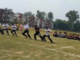 Players in action during the match of Tug-of-war at Sports Stadium Jagti on Wednesday.