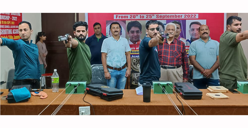 Players in action during shooting championship at Jammu on Wednesday.