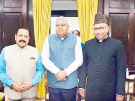 Newly nominated MP (RS) Ghulam Ali Khatana posing with Vice President, Jagdeep Dhankhar and Union Minister, Dr Jitendra Singh after taking oath at New Delhi on Wednesday.