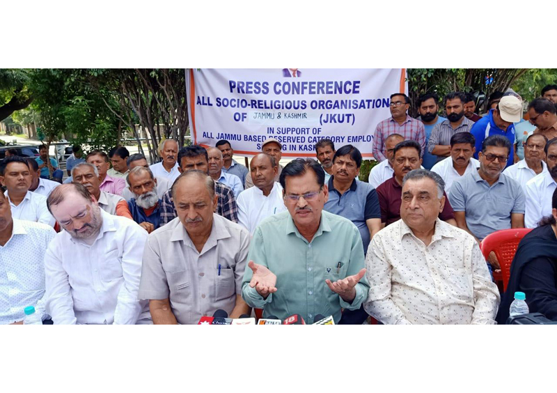Leaders of socio-religious organizations addressing media after their meeting in Jammu.