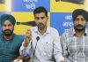 AAP leader Pratap Jamwal addressing a press conference at party office in Jammu. —Excelsior/Rakesh