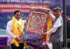 Union Minister of Ayush Sarbananda Sonowal being honoured during a function at Saboo Thang area of Leh.