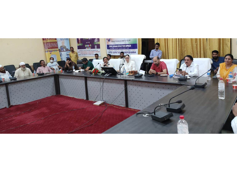 Dr Darakhshan Andrabi chairing a meeting of Waqf Board at Ramban on Sunday. Dr Darakhshan Andrabi chairing a meeting of Waqf Board at Ramban on Sunday.